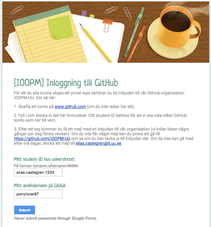 Fyll i ditt student-ID och ditt användarnamn på GitHub